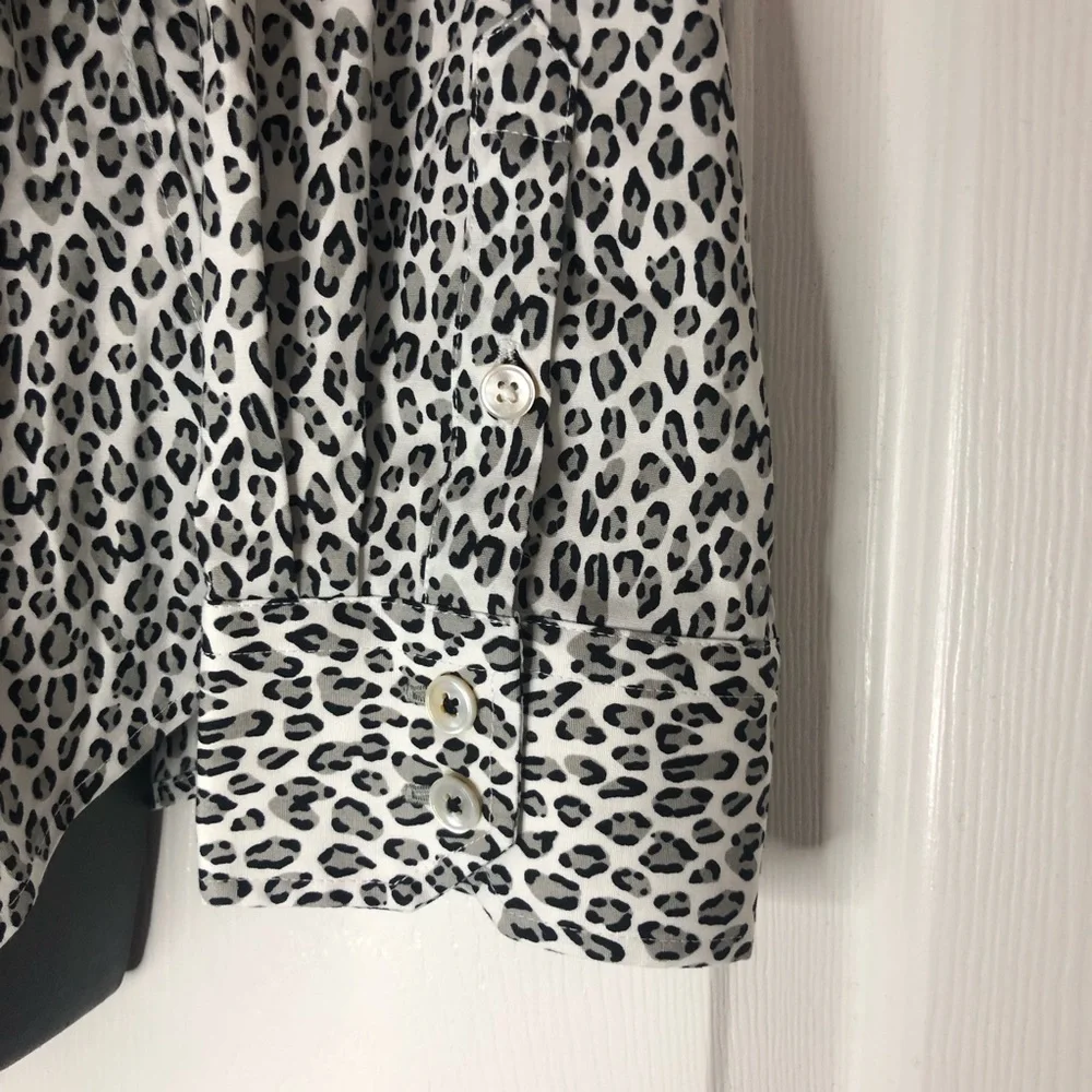 TALBOTS No Iron gray black white leopard print long sleeve button down size 14W